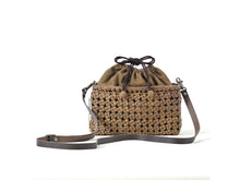 Load image into Gallery viewer, Japanese wild grape vine basket bag (Pochette Stone Crest) with drawstring and leather shoulder strap