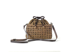 Japanese wild grape vine basket bag (Pochette Stone Crest) with drawstring and leather shoulder strap