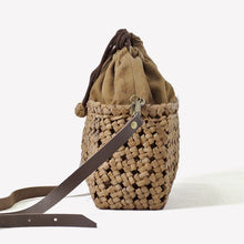 Load image into Gallery viewer, Japanese wild grape vine basket bag (Pochette Stone Crest) with drawstring and leather shoulder strap