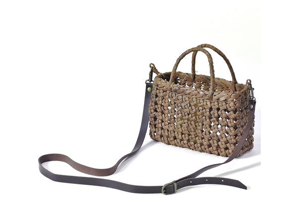 Japanese wild grape vine basket bag (Mini Bag - Cobblestone) with leather shoulder strap