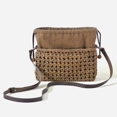 Japanese wild grape vine basket bag (Pochette Stone Crest) with drawstring and leather shoulder strap