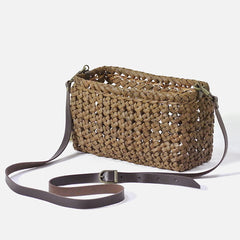 Japanese wild grape vine basket bag (Pochette Stone Crest) with drawstring and leather shoulder strap