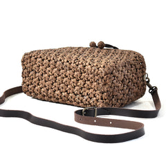 Japanese wild grape vine basket bag (Pochette Flower Pattern) with drawstring and leather shoulder strap